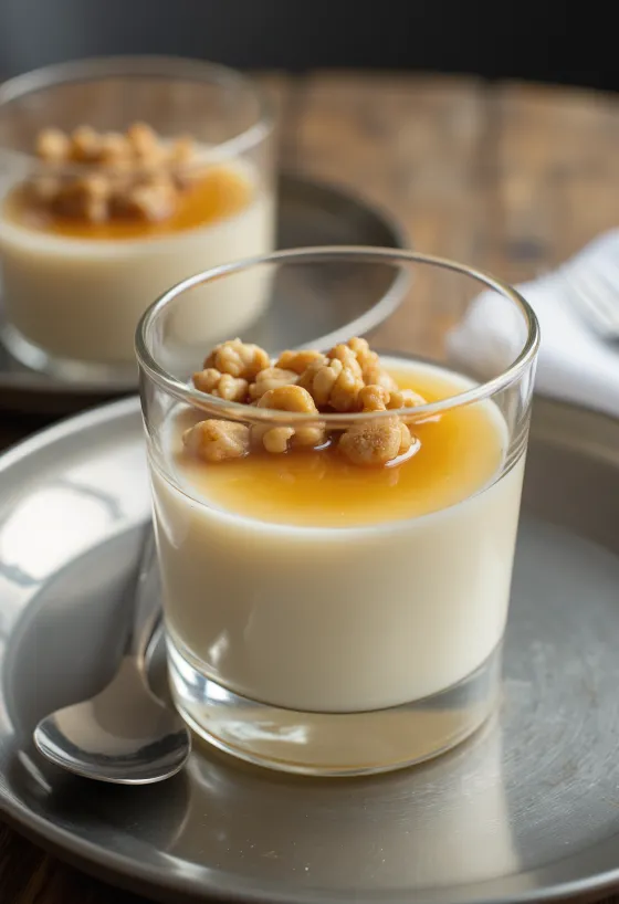 Panna cotta au miel et aux noix servie dans une verrine