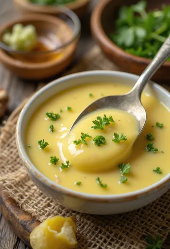 Sauce moutarde au miel et à l'aneth dans un bol, servie avec de l'aneth frais et du citron.