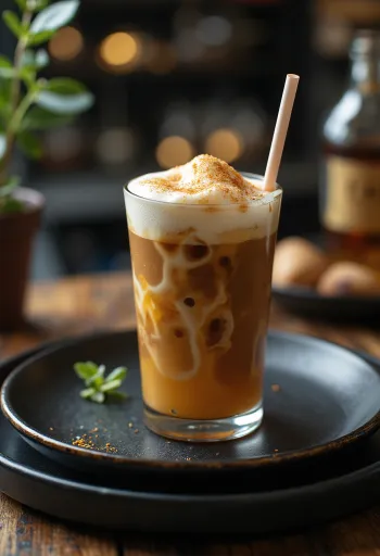 Frappé miel-rhum, boisson au café crémeuse décorée de crème chantilly et cannelle