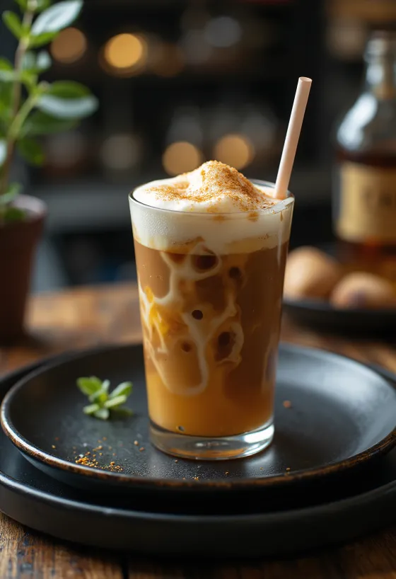 Frappé miel-rhum, boisson au café crémeuse décorée de crème chantilly et cannelle
