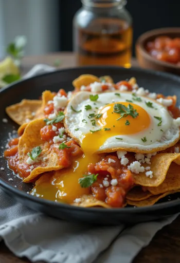 Chilaquiles con huevo estrellado fraîchement servis au soleil