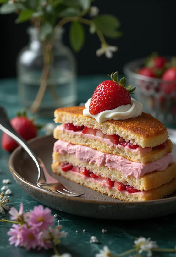 Gâteau fourré à la crème de fraise décoré de fraises fraîches