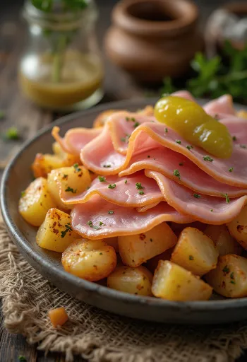 Jambon fumé et pommes de terre rôties servis