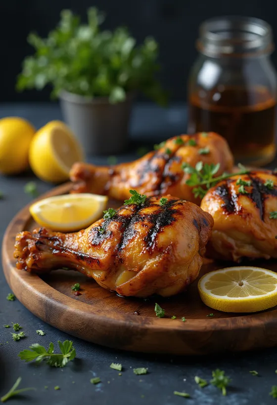 Cuisse de poulet grillée dorée, peau croustillante et herbes fraîches