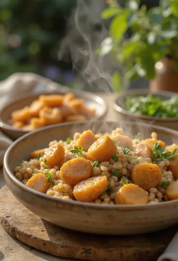 Kasha au poulet, servi dans un plat simple, kasha et poulet bien visibles