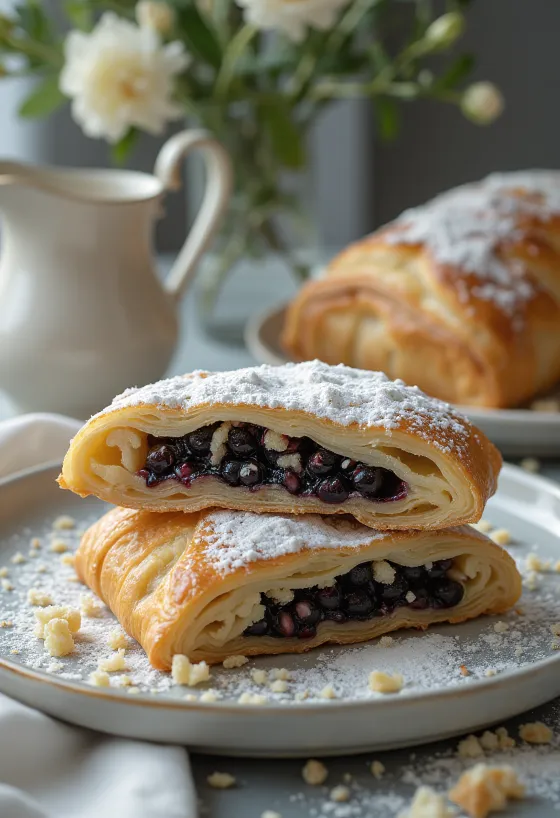 Strudel aux graines de pavot fraîchement cuit avec pâte croustillante, coupé en tranches, saupoudré de sucre glace.