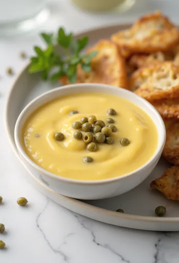 Sauce moutarde miel et câpres dans un bol, décorée de câpres et de persil frais.