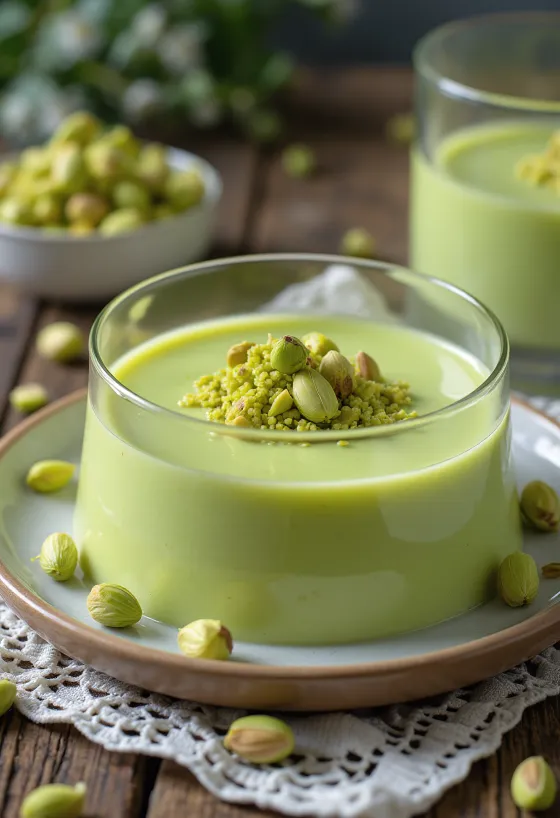 Panna cotta à la pistache servie