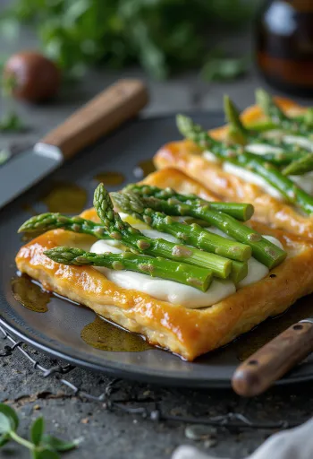 Tarte asperges fromage frais pâte dorée, asperges alignées