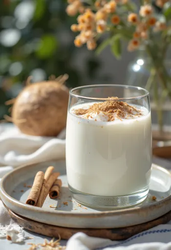 Kéfir coco-cannelle dans un verre, boisson crémeuse claire saupoudrée de coco râpée et de cannelle