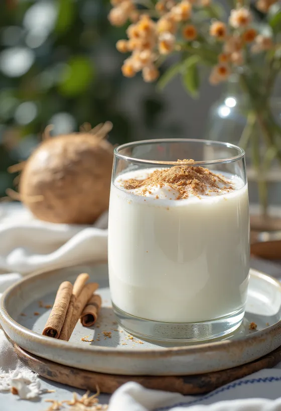Kéfir coco-cannelle dans un verre, boisson crémeuse claire saupoudrée de coco râpée et de cannelle