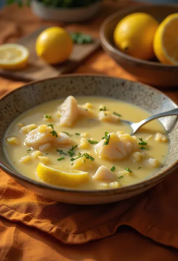 Psarosoupa sauce avgolemono, riche soupe de poisson servie avec huile d'olive et citron