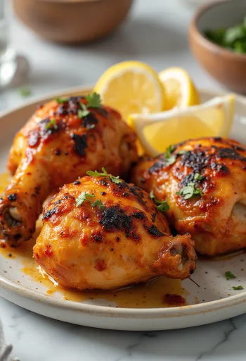 Poulet tandoori mariné au yaourt, servi avec des herbes fraîches
