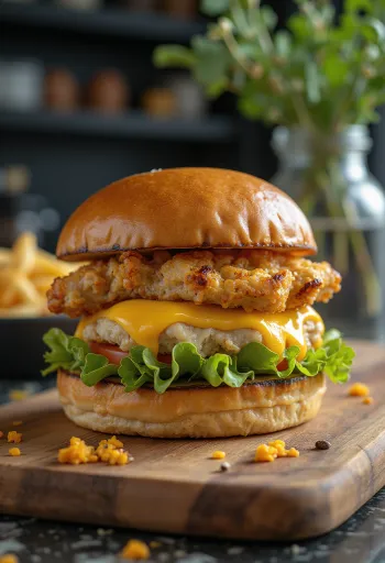 Burger au poulet farci avec poulet grillé et fromage fondu