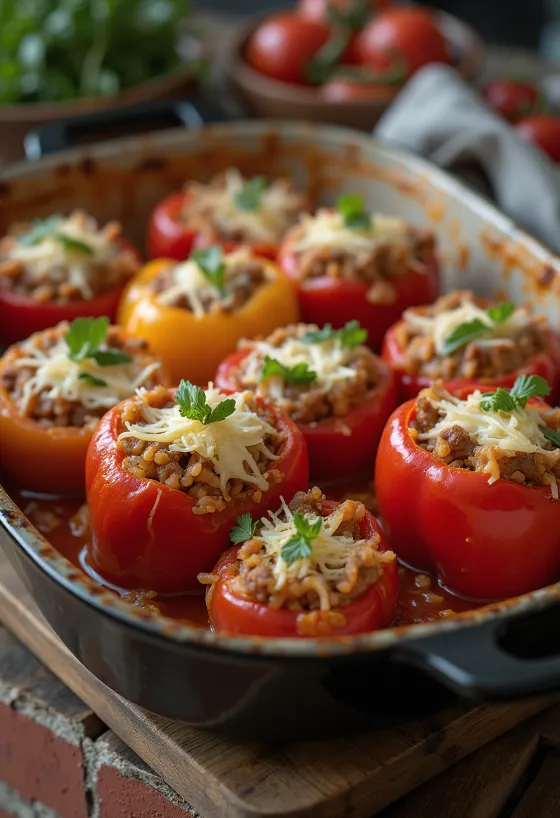 Poivrons farcis au bœuf haché servis