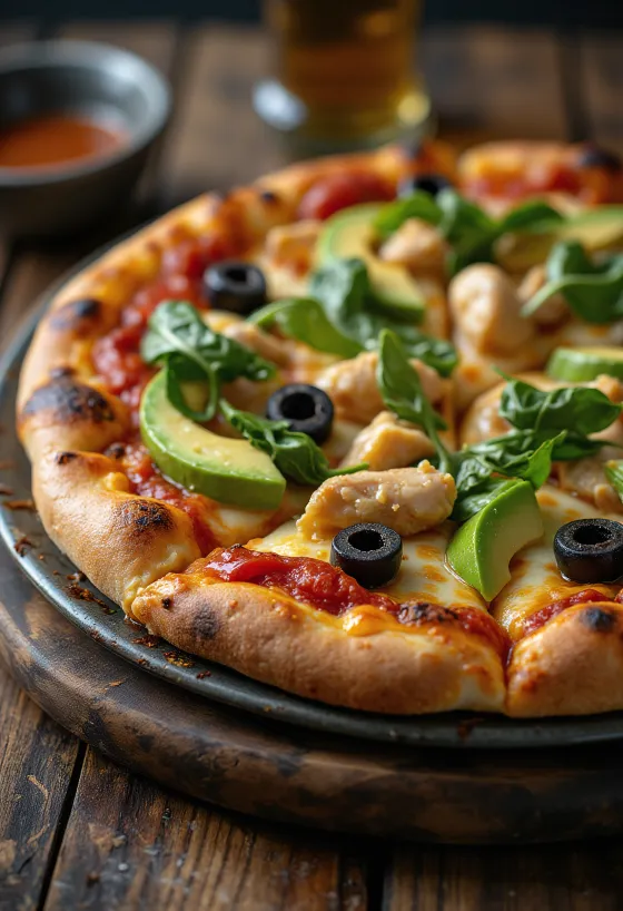Pizza California avec avocat frais, blanc de poulet et épinards