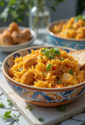 Riz Jollof servi avec du poulet