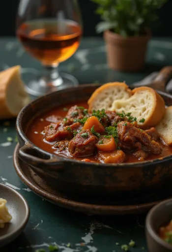 Pörkölt de bœuf avec cubes de viande juteux, servi dans une sauce au paprika rouge