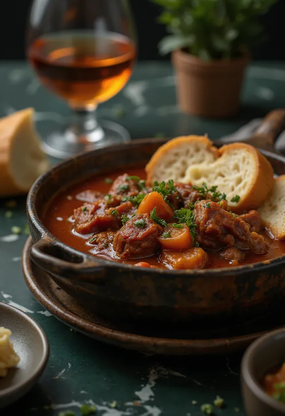 Pörkölt de bœuf avec cubes de viande juteux, servi dans une sauce au paprika rouge