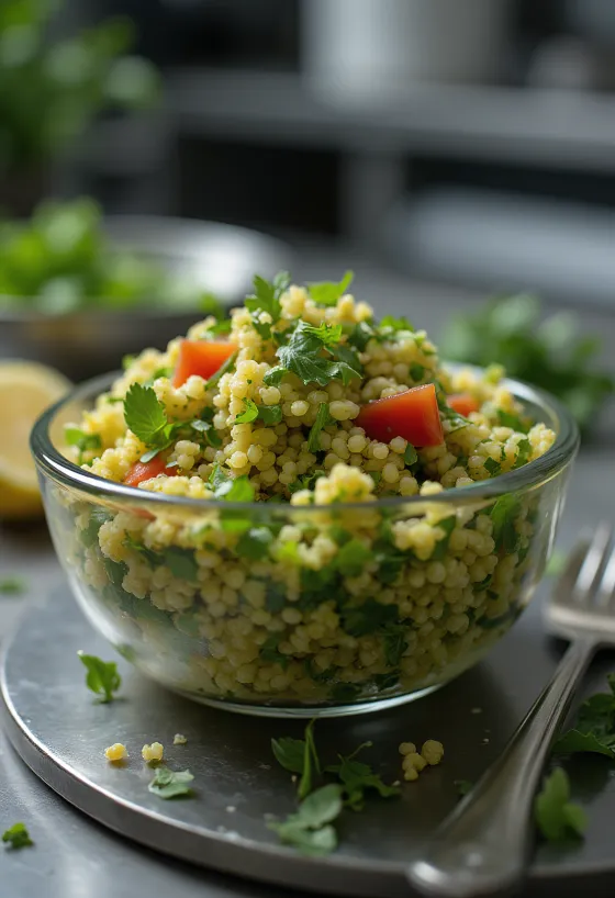 Taboulé de quinoa aux herbes fraîches servi