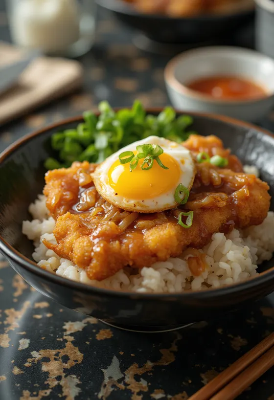 Bol de riz Katsudon garni de porc pané croustillant et œuf mi-cuit