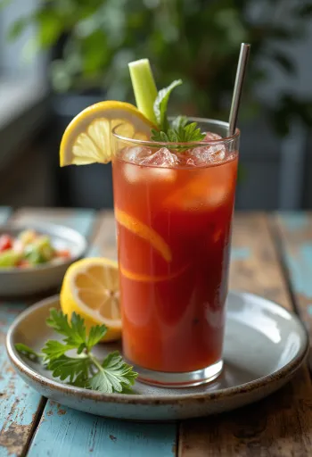 Cocktail Bloody Mary décoré d'une branche de céleri et tranche de citron