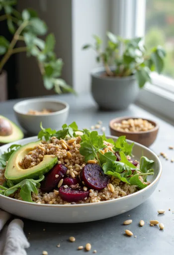 Buddha bowl au quinoa et betterave avec graines torréfiées