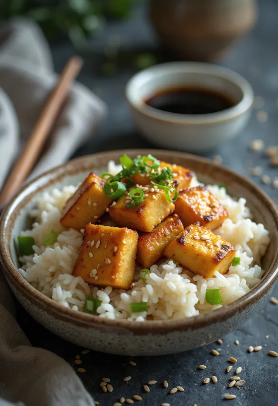 Riz au tofu épicé servi