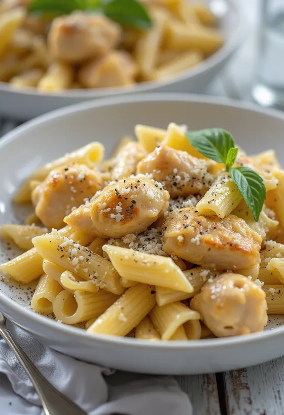 Pâtes au poulet avec sauce crémeuse et saupoudrées d'herbes fraîches