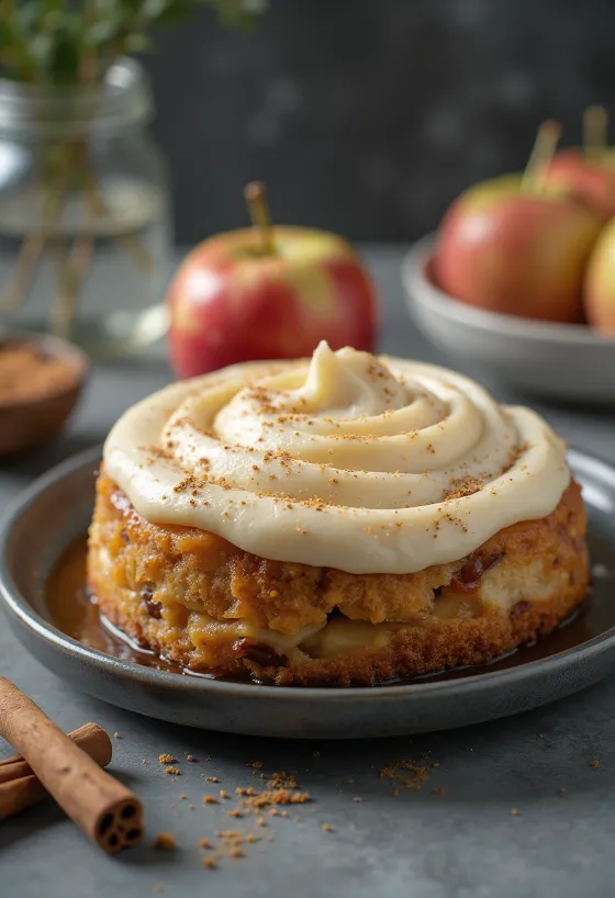 Gâteau mousse aux pommes et à la cannelle décoré de tranches de pommes