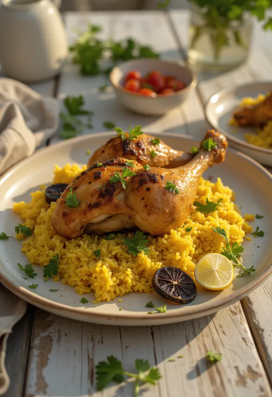 Majboos au citron séché, poulet et riz épicé