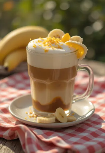 Latte orange-banane, boisson au café crémeuse décorée de zeste d'orange