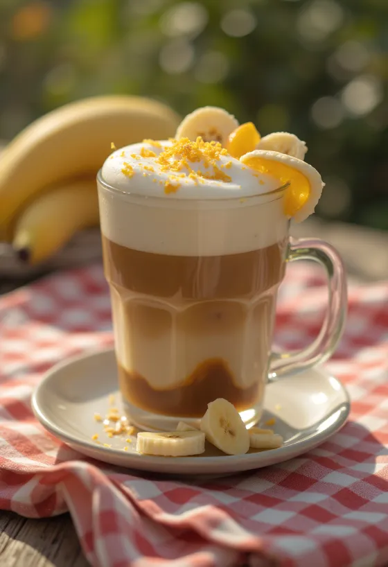 Latte orange-banane, boisson au café crémeuse décorée de zeste d'orange