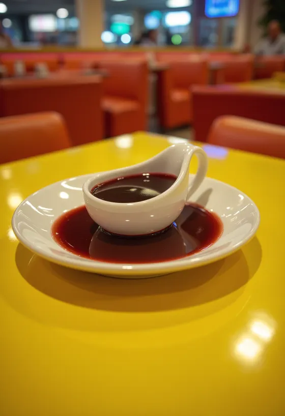 Sauce au vin rouge et à l'orange dans un bol, décorée de romarin frais et de zeste d'orange.