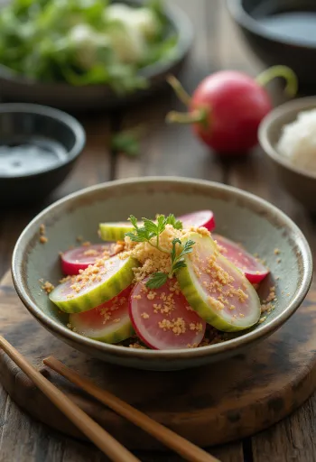 Nukazuke, légumes fermentés dans un bol, avec divers légumes colorés et pâte au vinaigre de riz