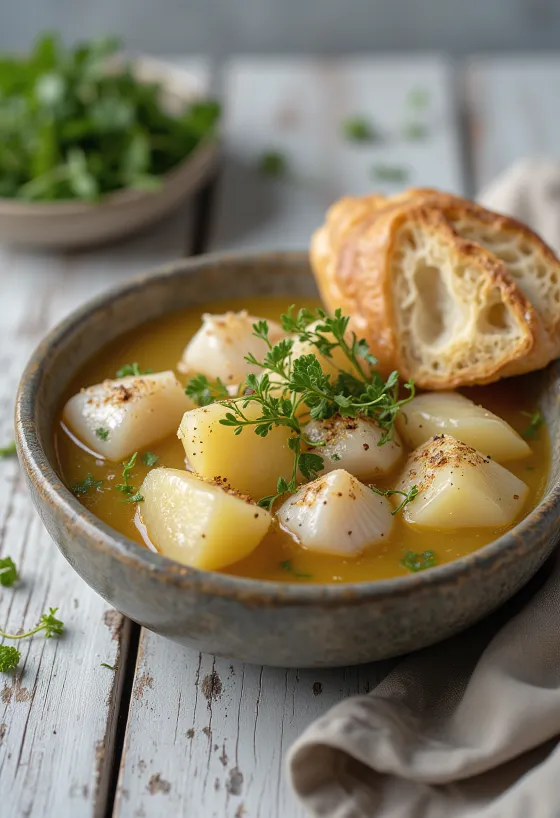 Psarosoupa aux pommes de terre, riche soupe de poisson servie avec huile d'olive et citron