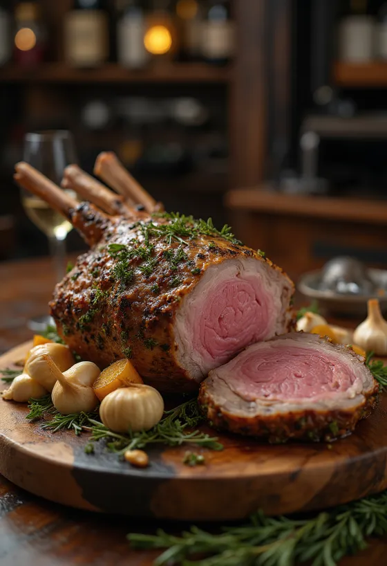 Gigot d'agneau rôti servi avec des légumes