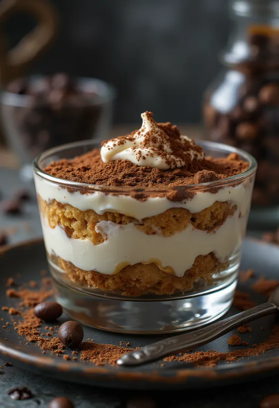 Tiramisu classique, avec boudoirs en couches et saupoudré de cacao