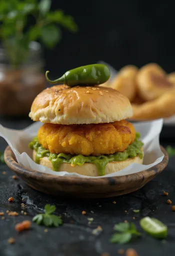 Vada Pav farci à la viande servi sur un plateau