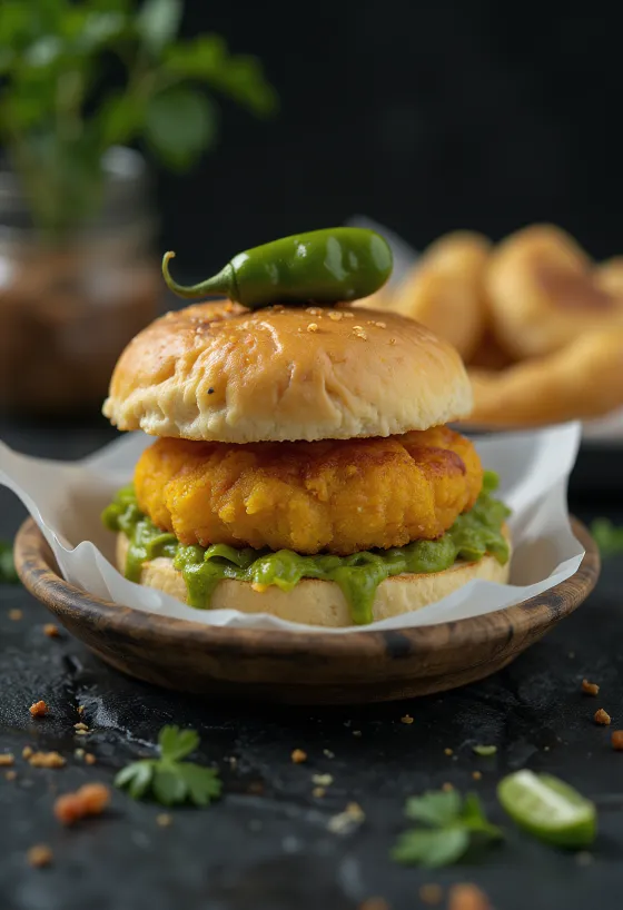 Vada Pav farci à la viande servi sur un plateau