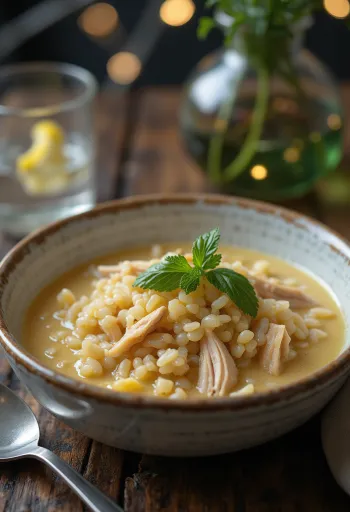 Soupe œuf-citron riche en poulet et riz