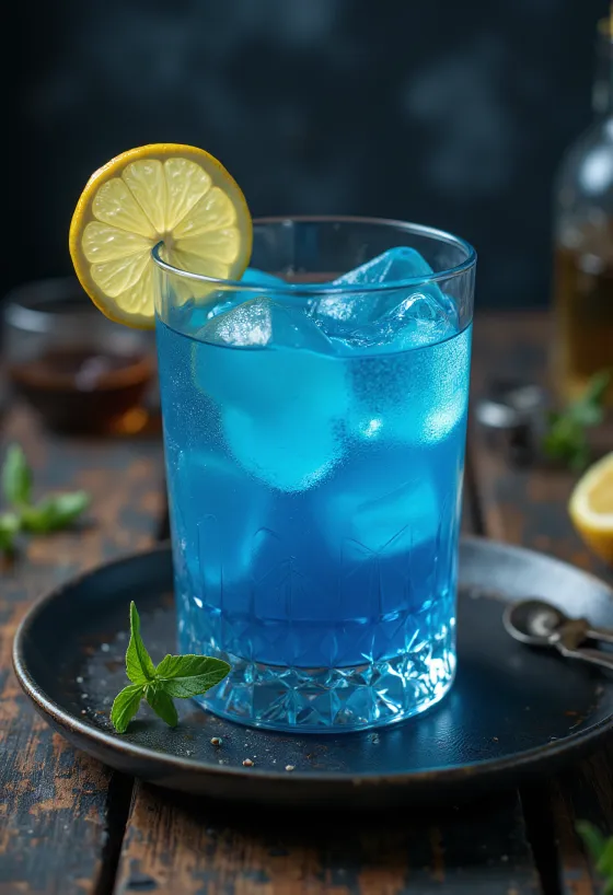 Cocktail Blue Lagoon décoré d'une tranche de citron et cerise cocktail