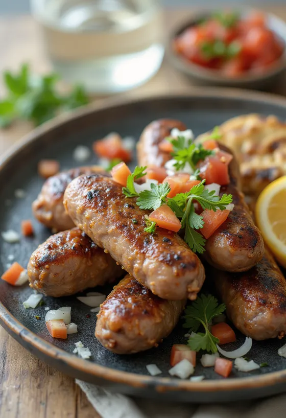 Ćevapi au persil, fraîchement grillés et dorés, servis sur pain pita