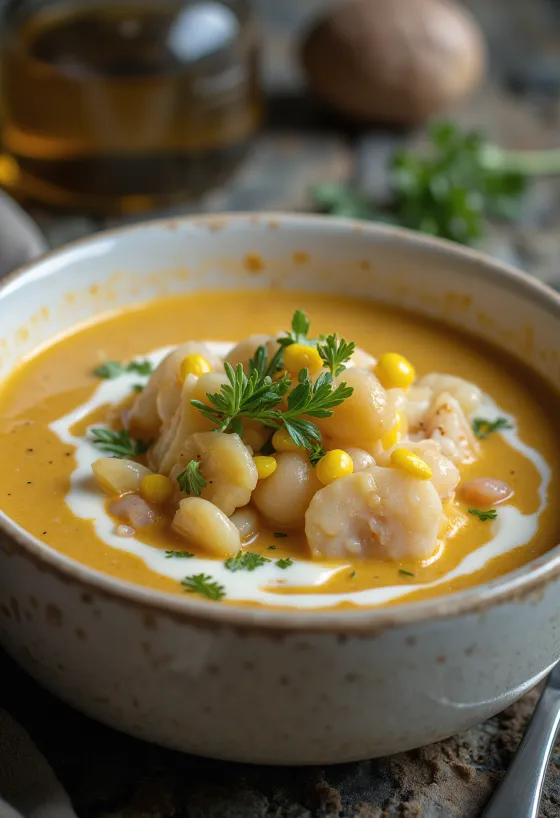 Chupe de mariscos, soupe de fruits de mer, avec crème fraîche et légumes frais