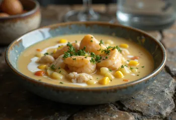 Chupe de mariscos, soupe de fruits de mer, avec crème fraîche et légumes frais