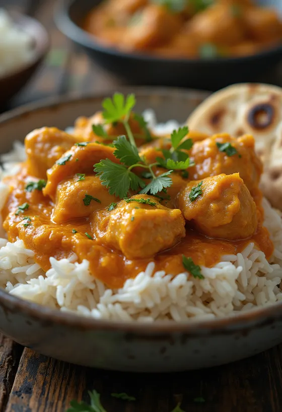 Poulet tikka masala servi avec du riz basmati