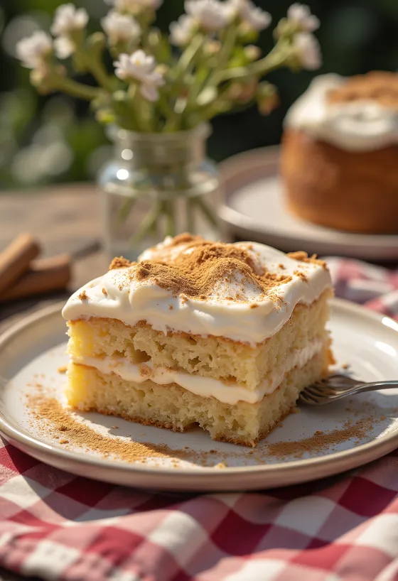 Gâteau crémeux à la cannelle servi en tranches