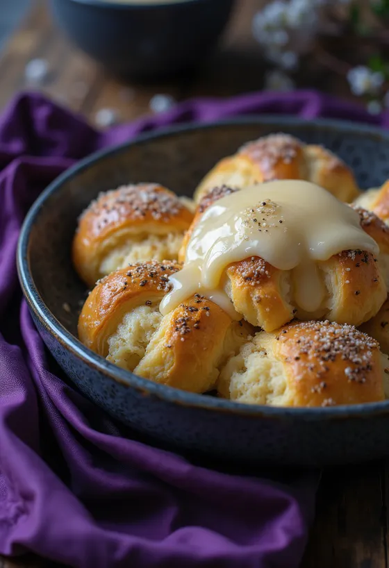 Mákos Guba saupoudré de sucre glace, servi avec crème anglaise
