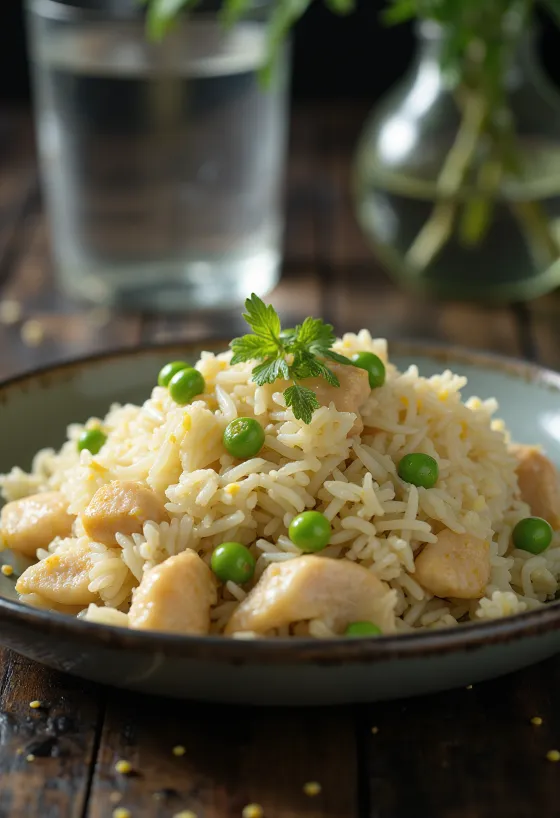 Morog Polao à la cardamome, filet de cuisse de poulet, riz et petits pois
