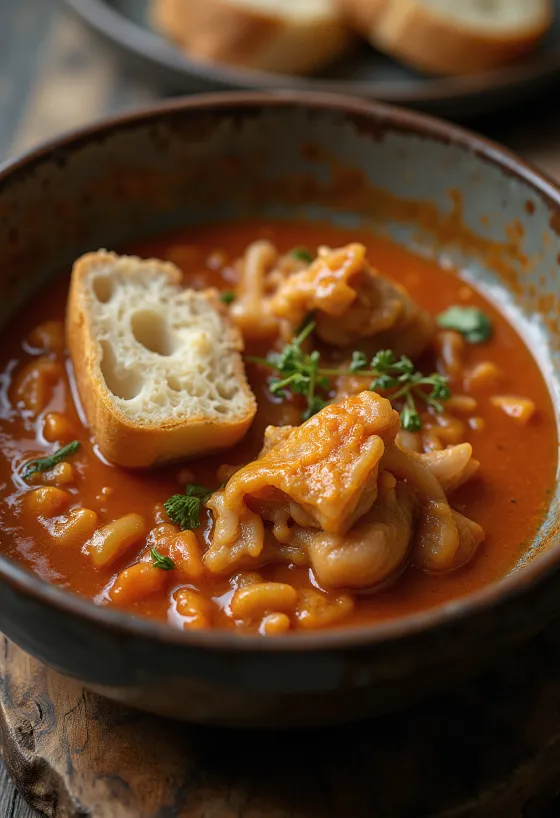 Ragoût de tripes avec sauce épicée juteuse, servi avec du pain frais